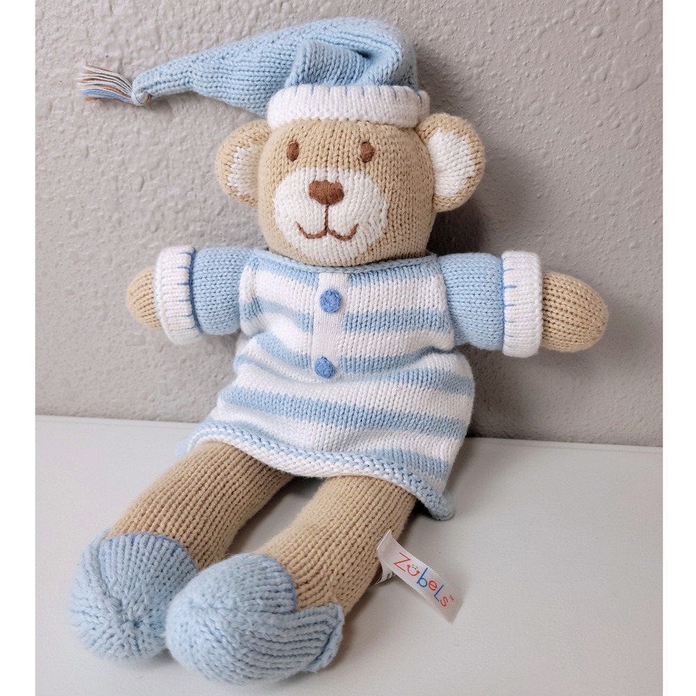 Zubels Hand Knit Teddy Bear Plush Blue White Striped Pajamas Nightcap Cotton